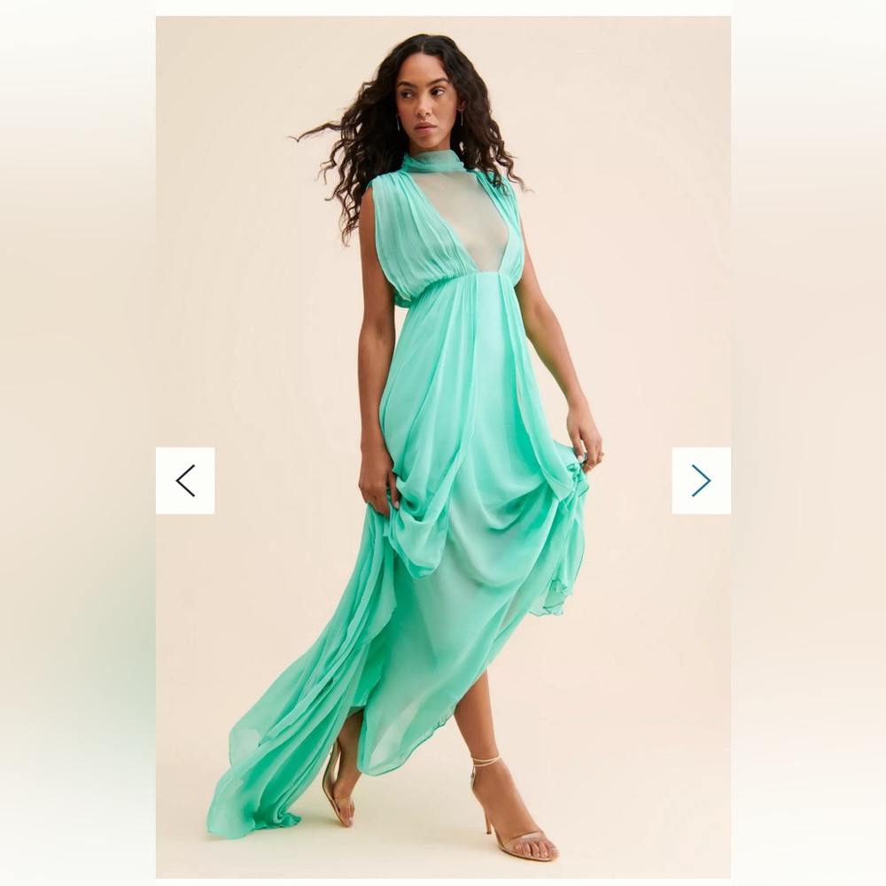 Elegant Aqua Maxi Dress with sheer bodice and lined maxi skirt